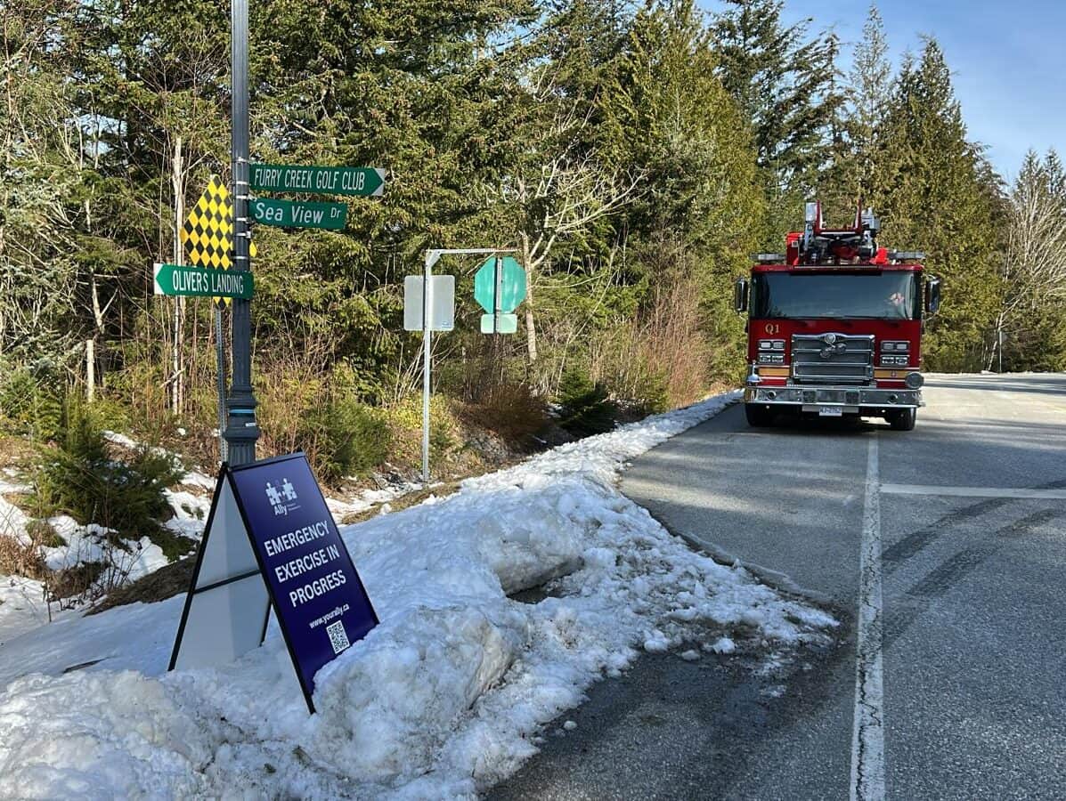 a fire truck on the road near the Furry Creek propane plant