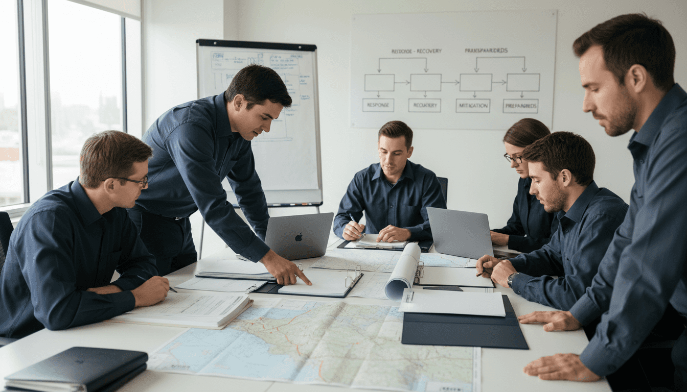 Emergency management planning session with maps and response plans