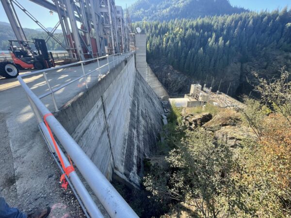 a concrete wall with metal structures and trees