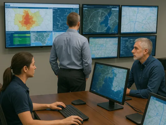 Team monitoring multiple data screens.