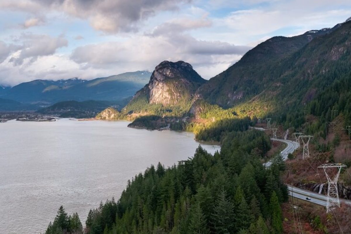Mountains beside a serene waterway.